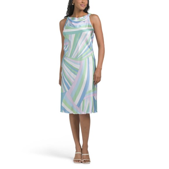 ISAAC MIZRAHI NEW YORK multi Made In Usa Elastic Shoulder Cowl Neck Midi Dress - Picture 1 of 2